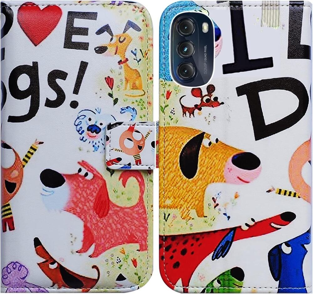 Moto G 5G 2022 Colorful Cute Dogs Leather Flip Phone Case Wallet Cover card slot